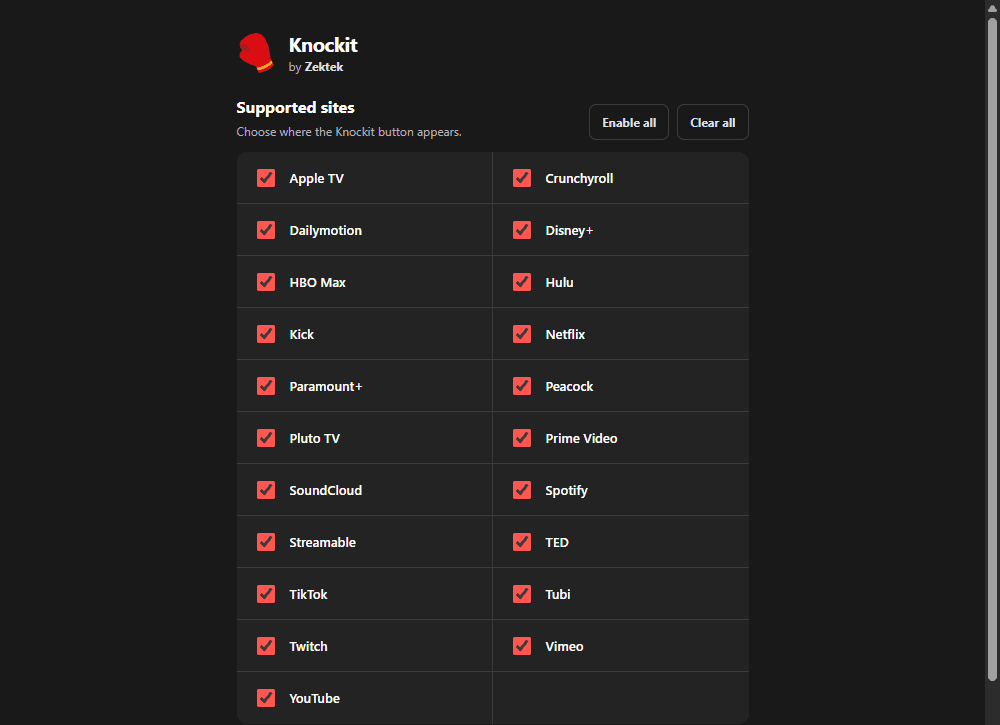 Knockit's options page with a checklist of supported sites like YouTube, Netflix, and Twitch