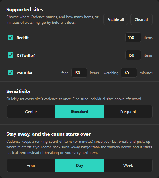 Cadence's options page listing supported sites with per-site item and minute counts, a Gentle, Standard, Frequent sensitivity control, and a reset window of Hour, Day, or Week