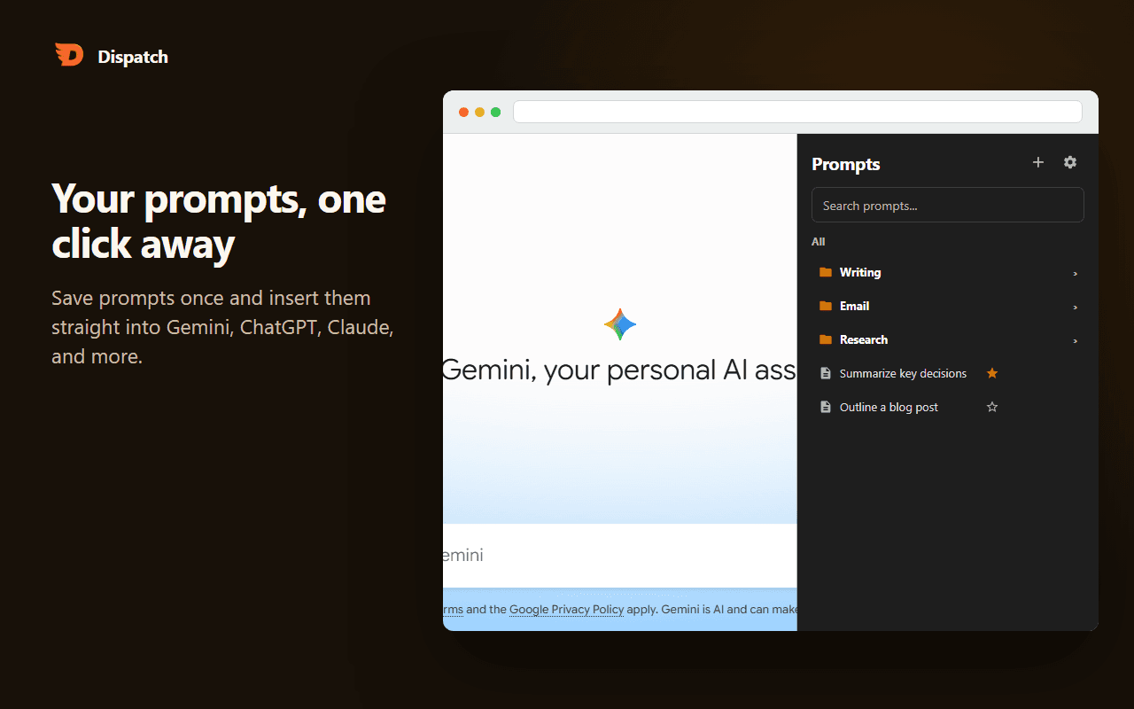 Dispatch's side panel, open next to Gemini, showing a library of saved prompts organized into folders