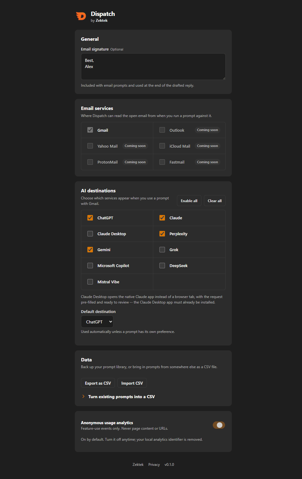 Dispatch options page showing AI destinations, email services, and data import/export controls