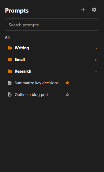 Dispatch's side panel showing prompts organized into Writing, Email, and Research folders