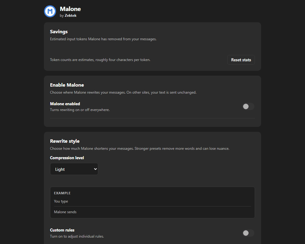 Malone options showing token savings, compression controls, and custom rewrite rules