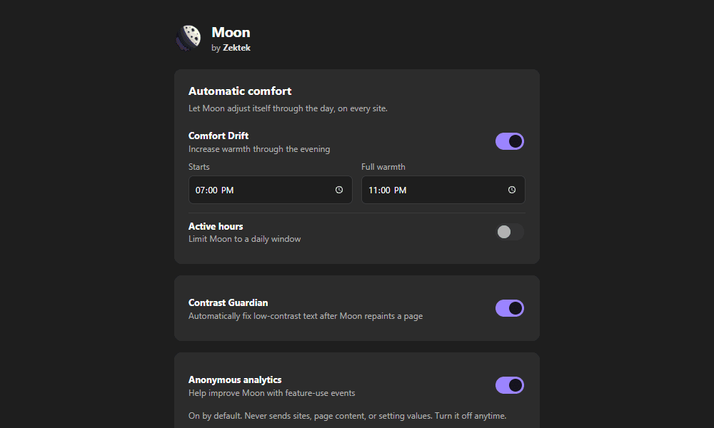Moon's options page with Comfort Drift, Contrast Guardian, and Anonymous analytics controls