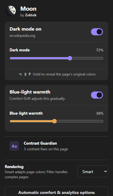 Moon's popup, showing dark mode and blue-light warmth sliders for the current site