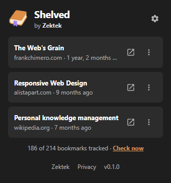 Shelved's toolbar popup, listing three stale bookmarks with how long since each was last visited, and a Check now link