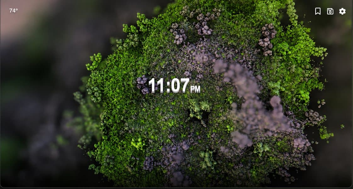 A Tabbit new tab page: a mossy green wallpaper with the current time and temperature.
