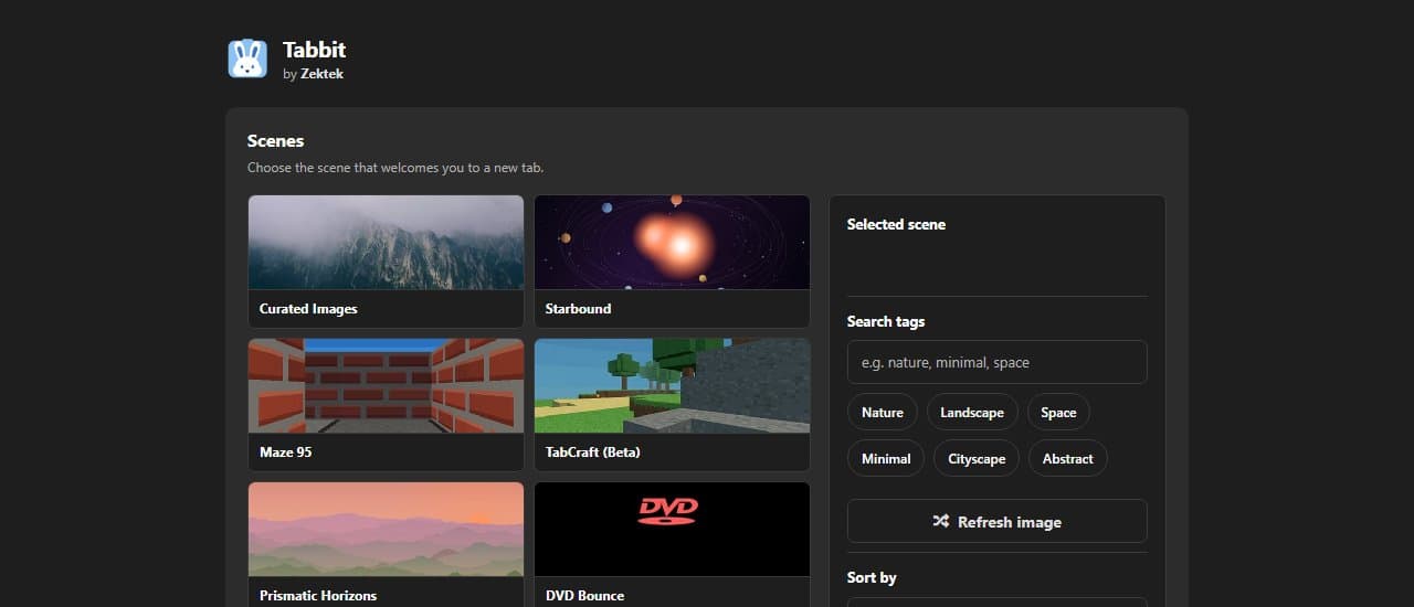 Tabbit's scene picker, showing the full gallery of new tab styles